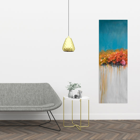 Orange Flowers Canvas - Blue Bathroom Home Decor Art
