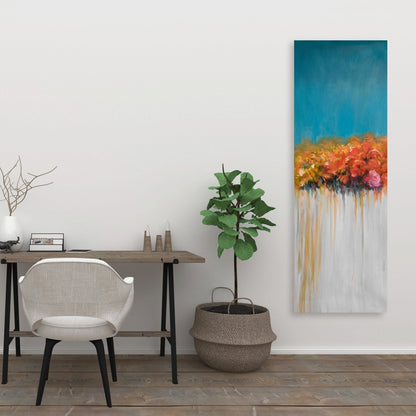 Orange Flowers Canvas - Blue Bathroom Home Decor Art