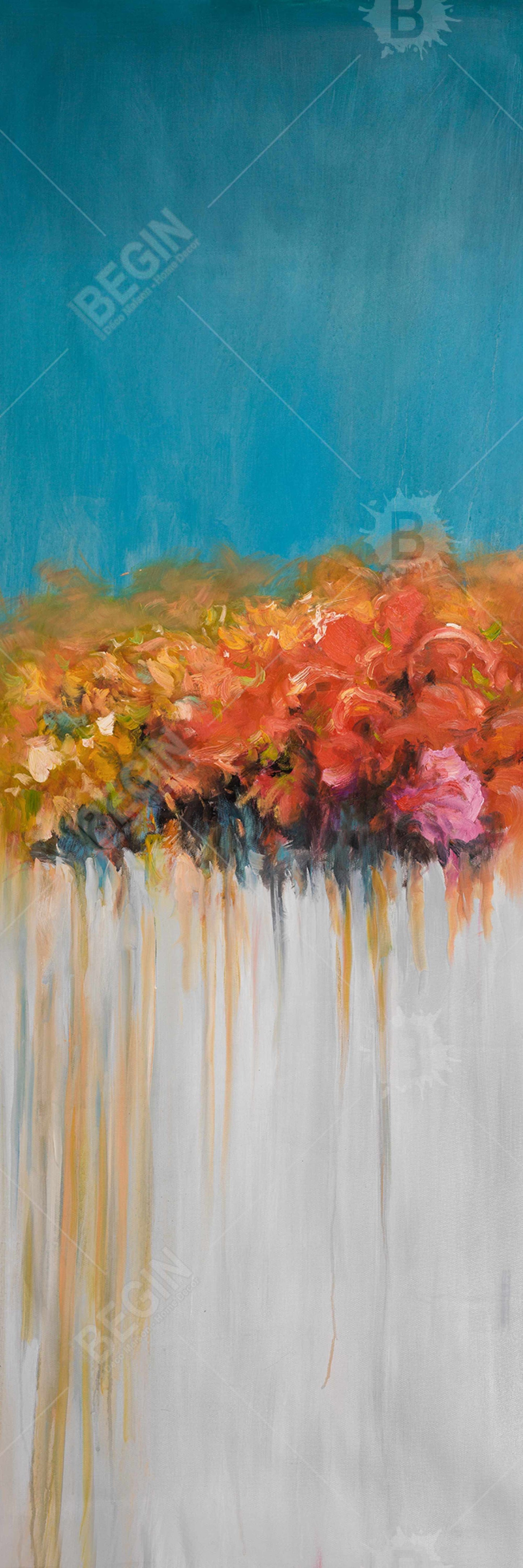 Orange Flowers Canvas - Blue Bathroom Home Decor Art