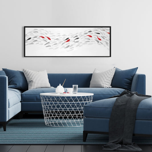 Swimming Fish Wave Asian Gray Framed Canvas | Home Decor
