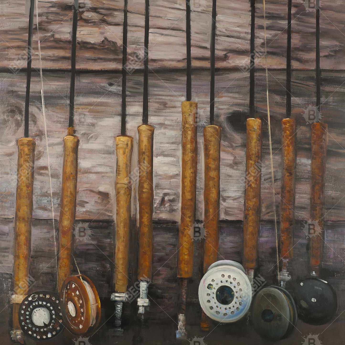 Fishing Rods on Wood Canvas - Brown Living Room Wall Art