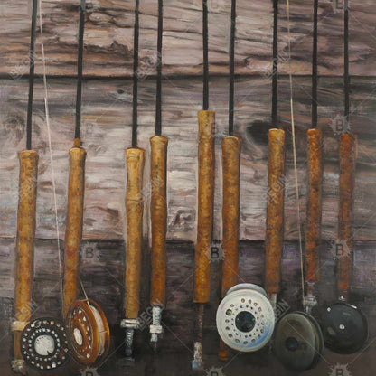 Fishing Rods on Wood Canvas - Brown Living Room Wall Art