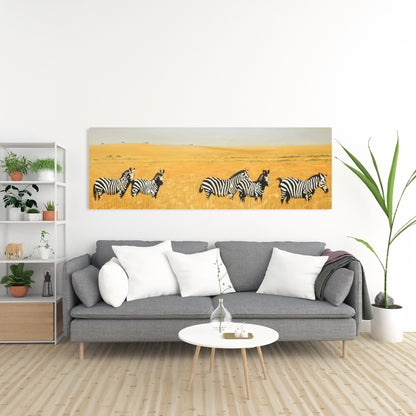 Herd of Zebra Canvas - Wildlife Yellow Bedroom Wall Art Decor