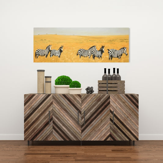 Herd of Zebra Canvas - Wildlife Yellow Bedroom Wall Art Decor