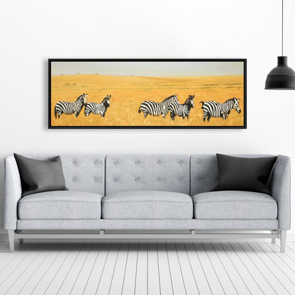 "Herd of Zebra Canvas | Yellow Animal Wall Art for Bedroom"