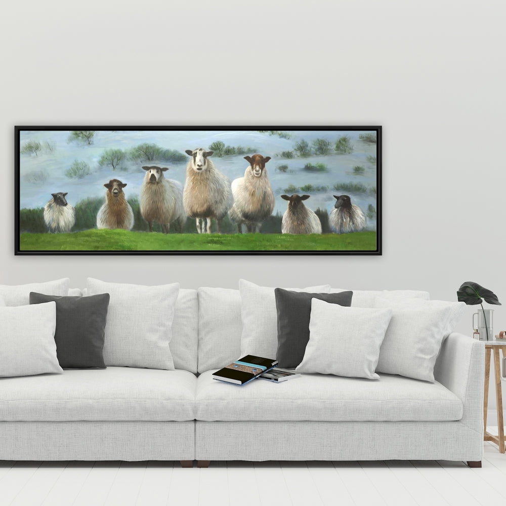 Rustic White Framed Canvas - Flock of Sheep Home Decor