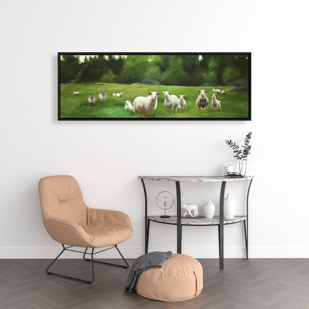 Fields of Sheep Framed Canvas - Farm Animals Home Decor Art