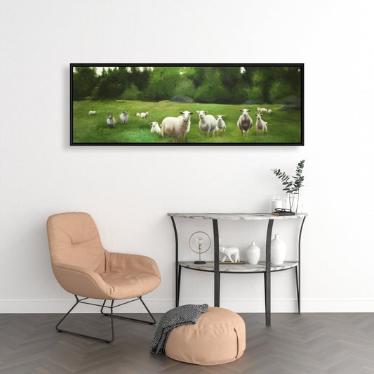 Fields of Sheep Framed Canvas - Farm Animals Home Decor Art