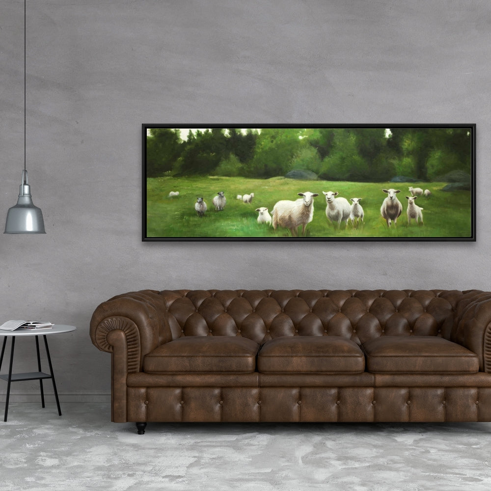 Fields of Sheep Framed Canvas - Farm Animals Home Decor Art