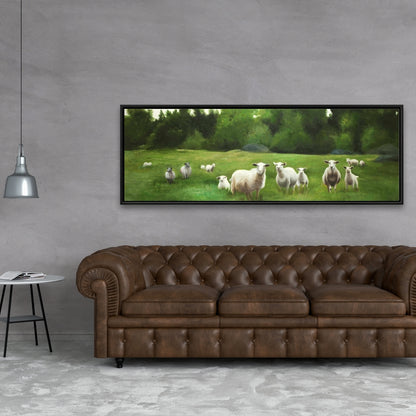 Fields of Sheep Framed Canvas - Farm Animals Home Decor Art