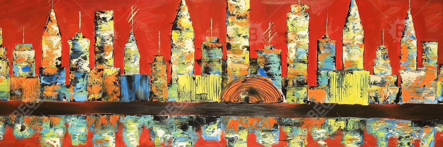 Red Abstract Skyline - Yellow Framed Canvas for Home Decor