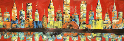 Red Abstract Skyline - Yellow Framed Canvas for Home Decor