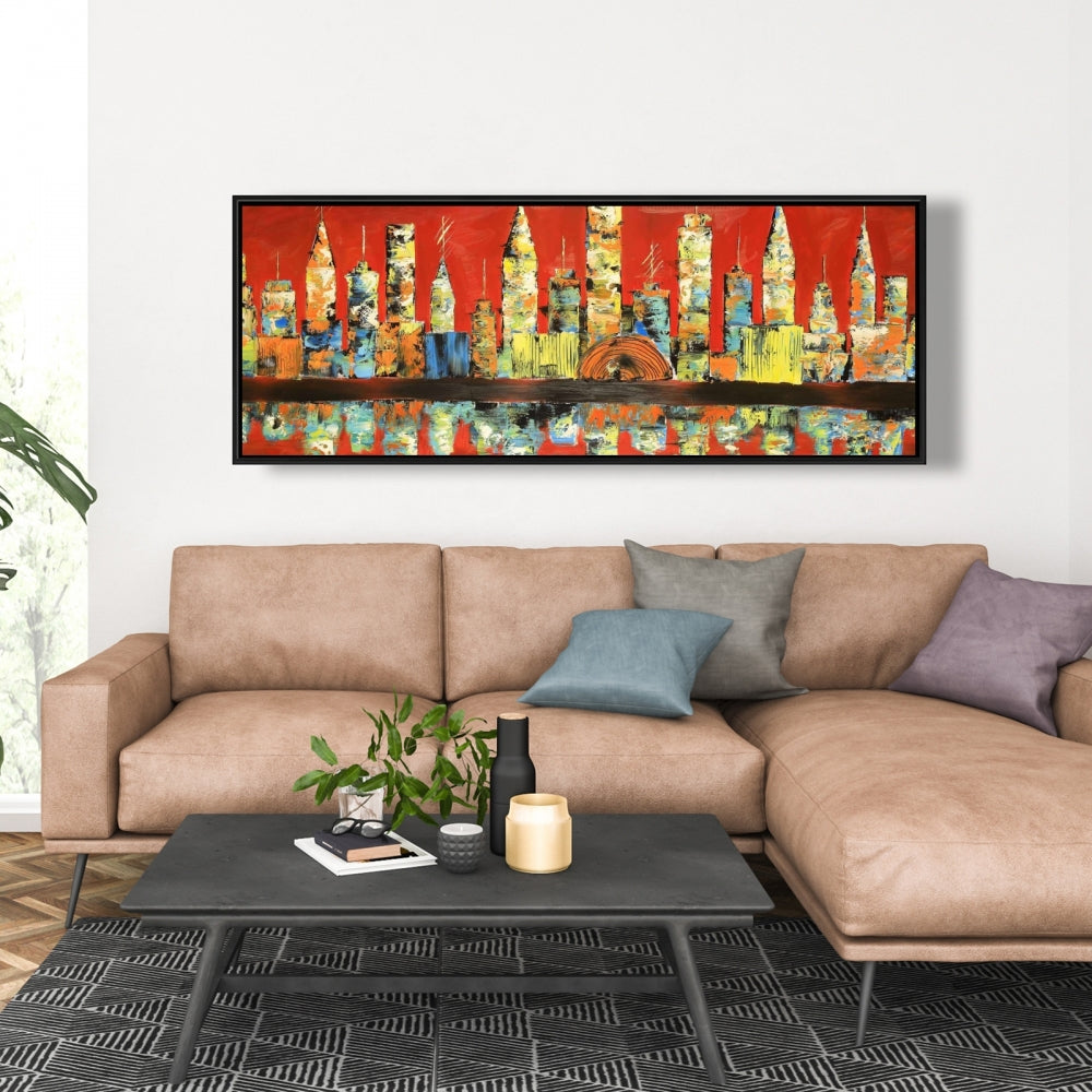 Red Abstract Skyline - Yellow Framed Canvas for Home Decor