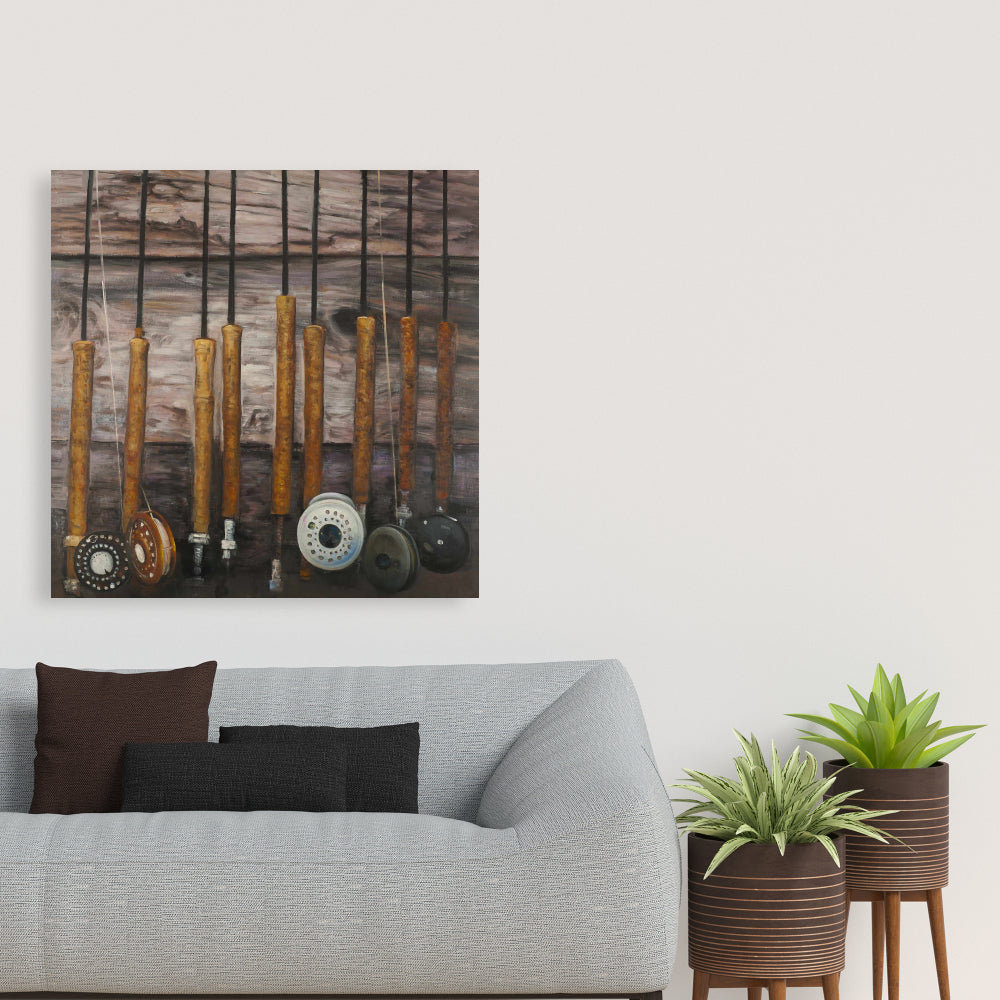 Fishing Rods on Wood Canvas - Brown Living Room Wall Art