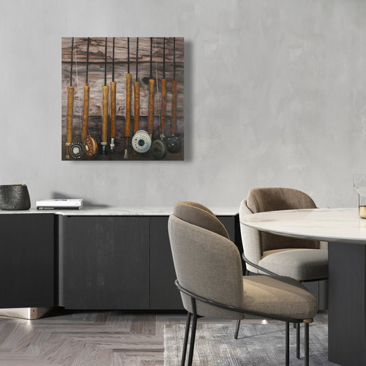 Cannes à pêche sur toile de bois – Décoration murale de salon marron