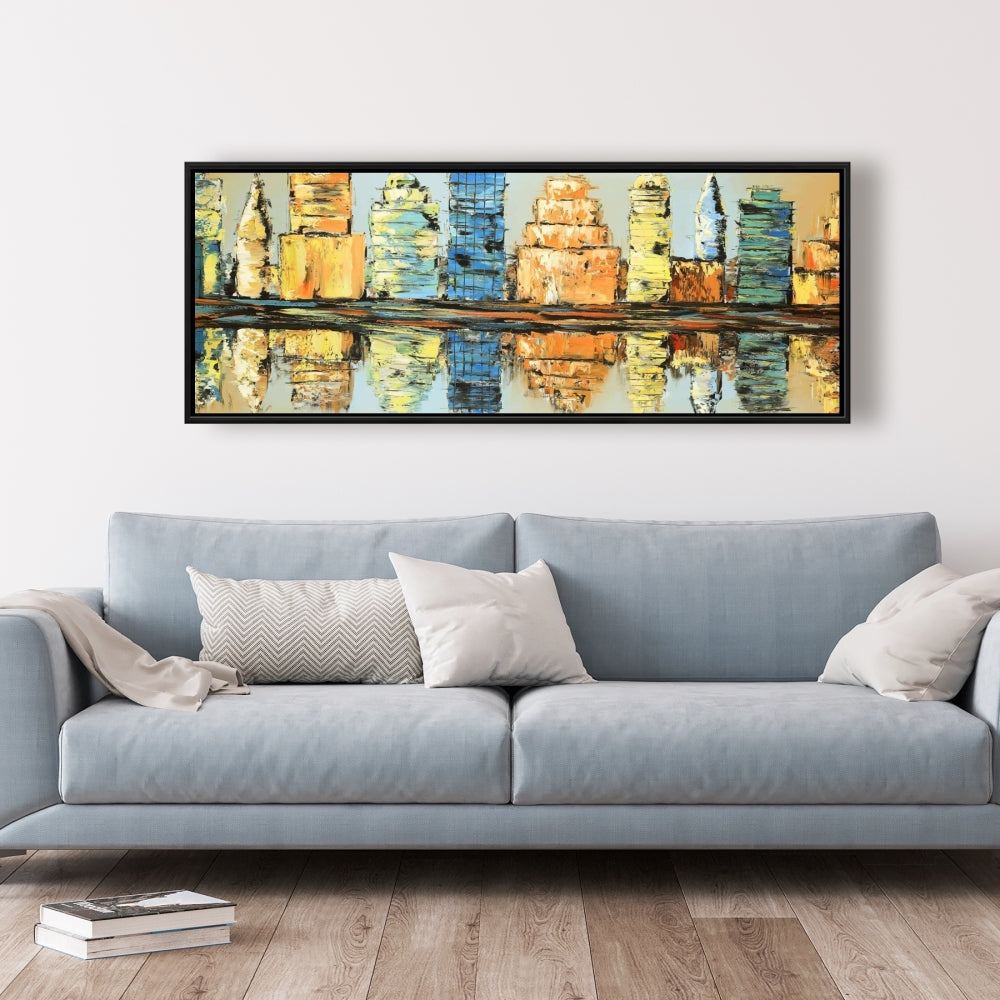 Toile encadrée bleue contemporaine « Villes » | Art abstrait coloré