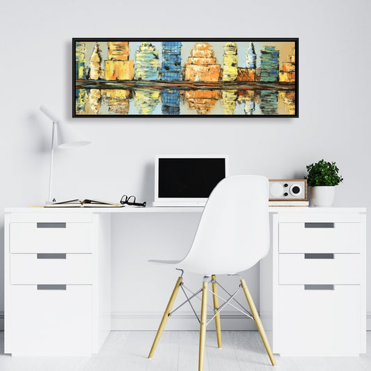 Toile encadrée bleue contemporaine « Villes » | Art abstrait coloré