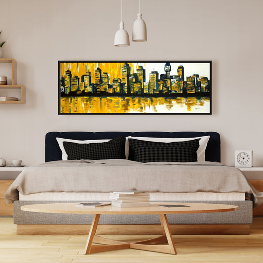 Toile contemporaine « Ville Jaune » pour chambre à coucher | Décoration d'intérieur encadrée
