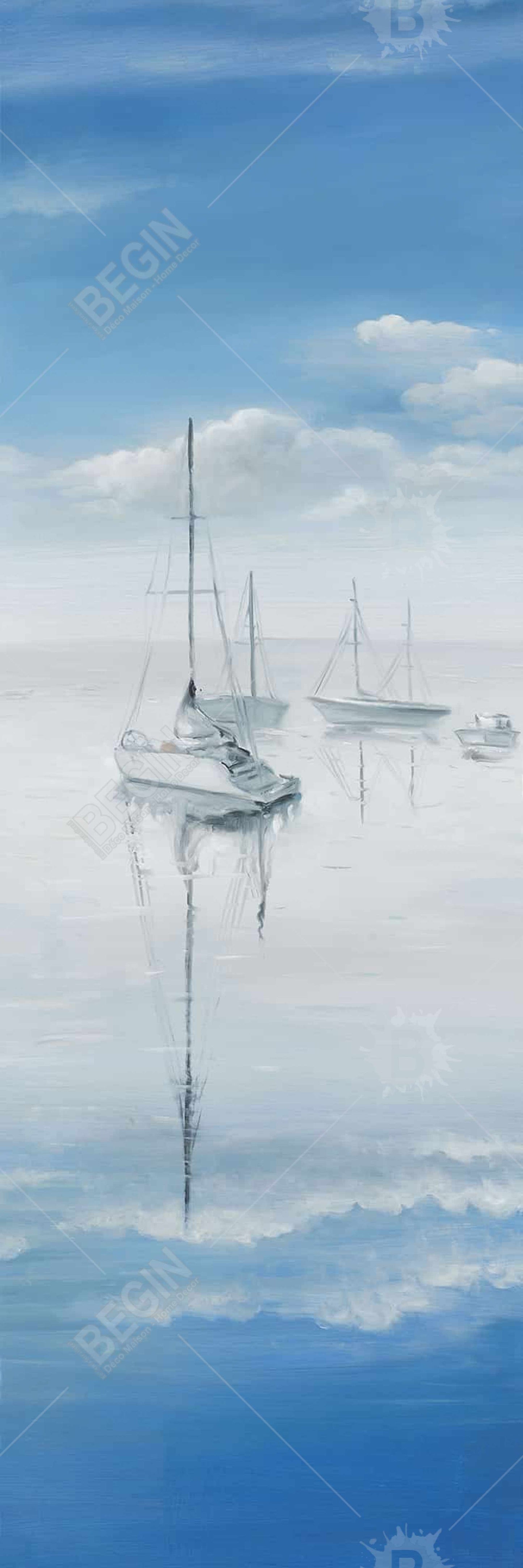 Voiliers sur un lac paisible – Décoration murale sur toile bleue côtière