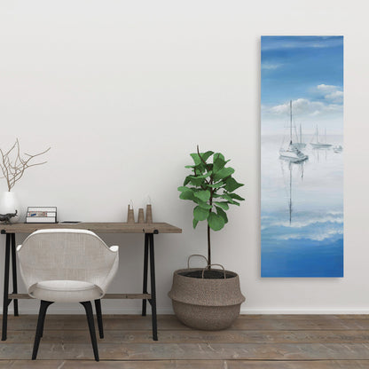 Voiliers sur un lac paisible – Décoration murale sur toile bleue côtière