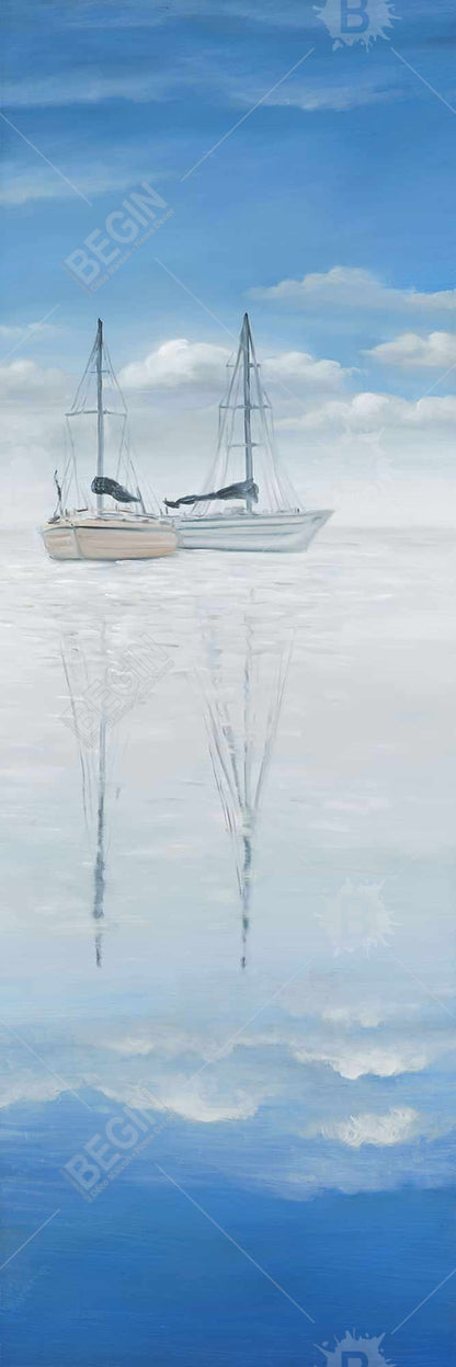 Coastal Blue Boat Canvas | Two Sailboats Quiet Lake Decor