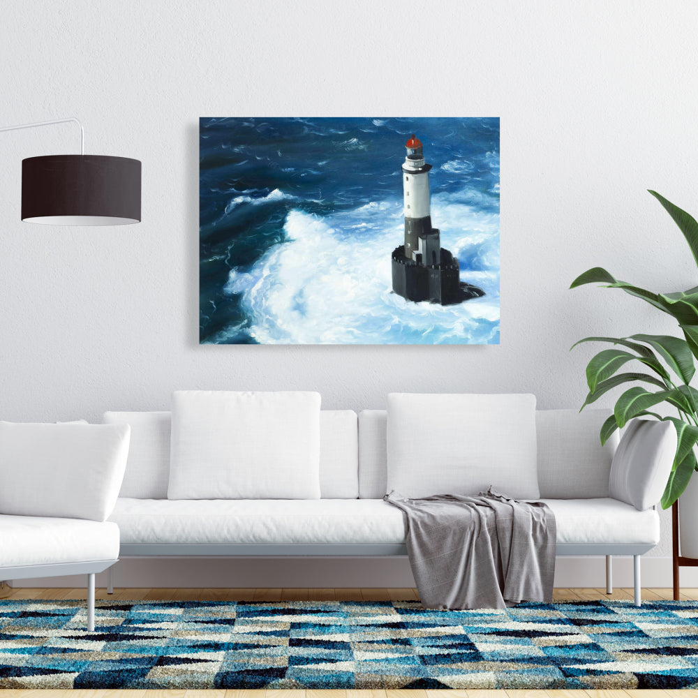 Unleashed Waves on a Lighthouse | Marine Blue Coastal Canvas
