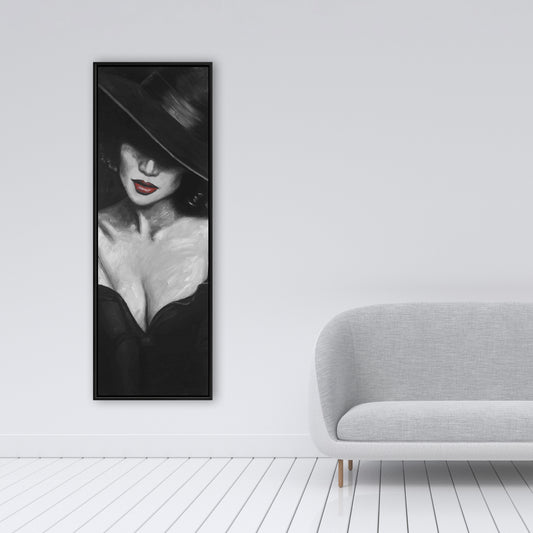 Toile encadrée « Beauté de la chambre grise » – Mystérieuse dame aux lèvres rouges