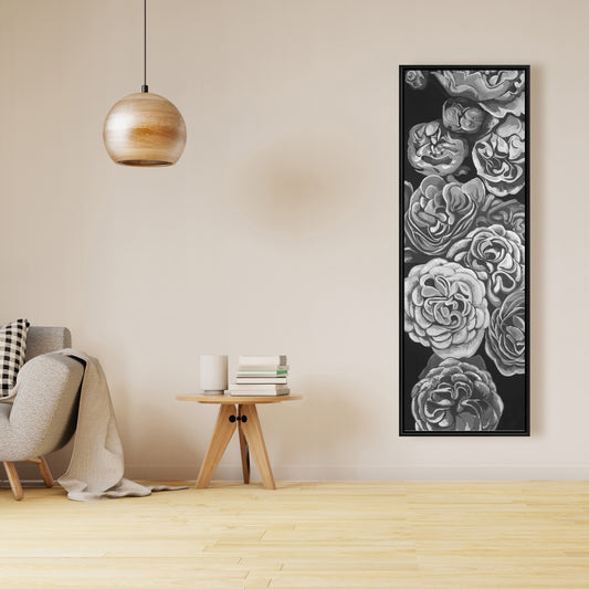 Toile botanique Dahlias en nuances de gris | Cadre blanc pour décoration d'intérieur