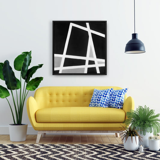 Shapes White Abstract Framed Canvas | Black and White Lines Decor