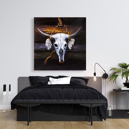 Bohemian Hanged Bull Skull Canvas | Farm Animals Home Decor