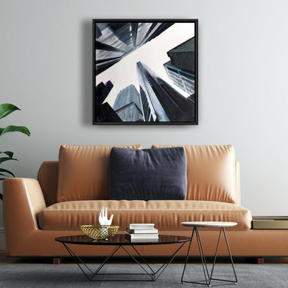 Perspective View of Skyscraper - Blue Cities Framed Canvas