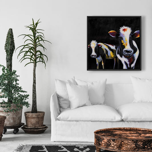 Two Funny Cows Framed Canvas - White Contemporary Home Decor