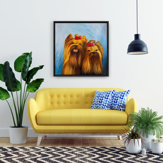 Two Smiling Dogs with Bow Tie Framed Canvas - Home Decor