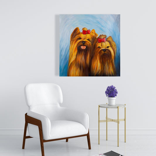 Two Smiling Dogs Canvas | Blue Pet Art for Home Decor