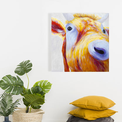 Colorful Country Cow Canvas - Blue Contemporary Bedroom Art