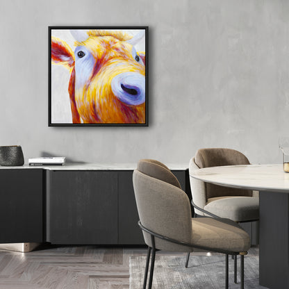 Colorful Country Cow Canvas | Blue Frame - Modern Home Decor