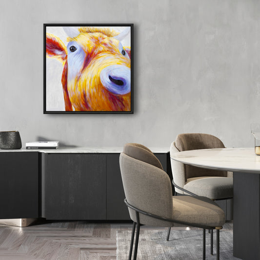 Colorful Country Cow Canvas | Blue Frame - Modern Home Decor