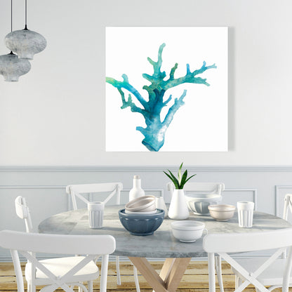 Toile aquarelle bleu scandinave avec corail marin | Décoration d'intérieur