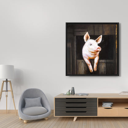 Smiling Pig Brown Framed Canvas | Farm Animal Home Decor