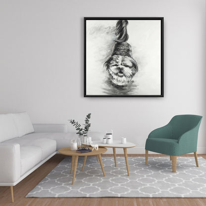 Happy Dog Sketch | White Pets Animals Framed Canvas Decor