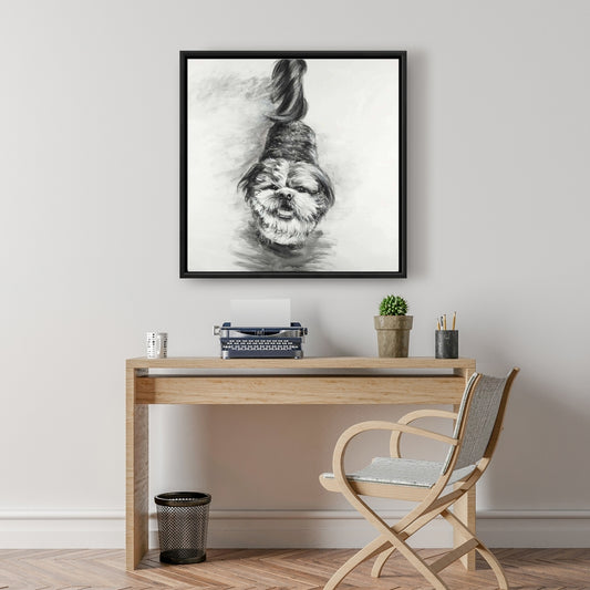 Happy Dog Sketch | White Pets Animals Framed Canvas Decor