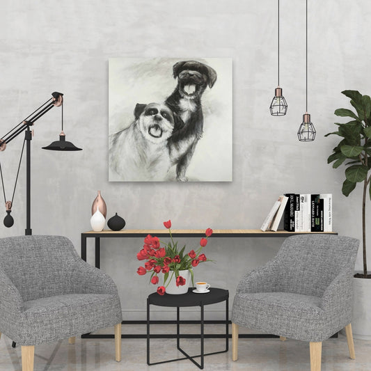 Happy Dogs Sketch Canvas | White Pet Art for Home Decor