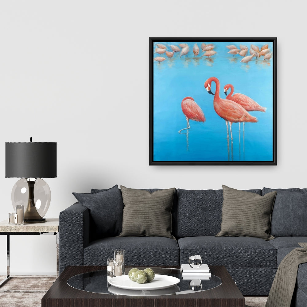 Blue Flamingos Framed Canvas | Bedroom Wall Art Decor