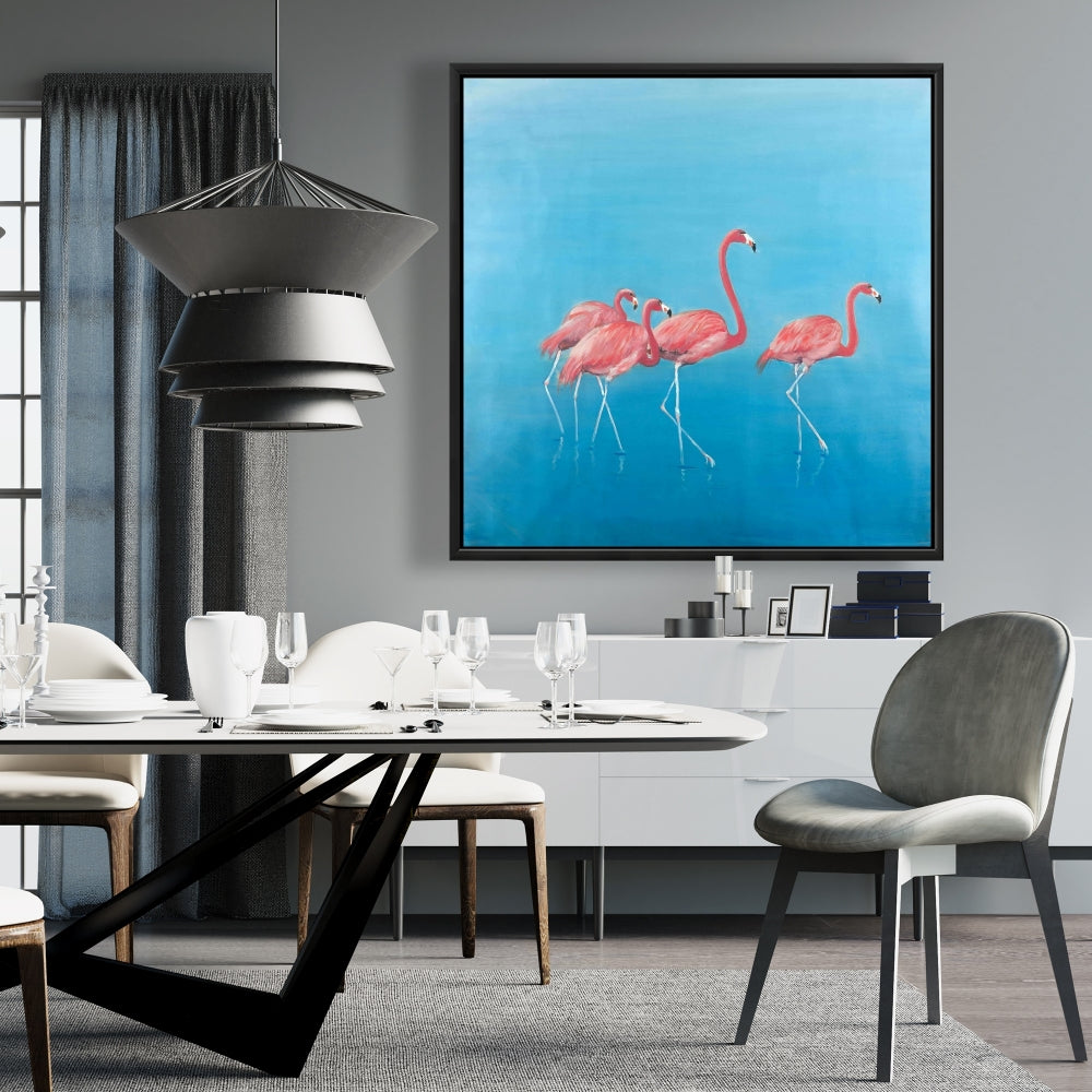 Blue Exotic Bird Canvas | Four Flamingos Framed Home Decor