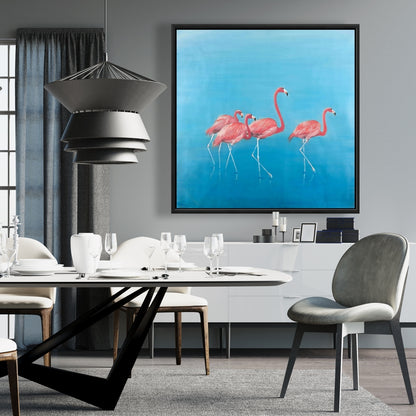 Blue Exotic Bird Canvas | Four Flamingos Framed Home Decor