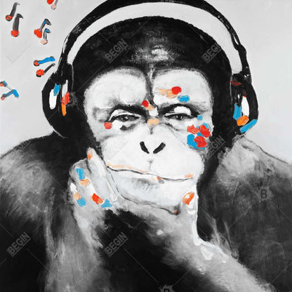 Monkey with Headphones Canvas - Gray Bedroom Decor Wall Art