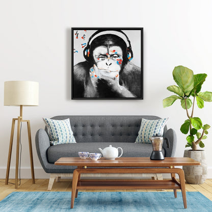 Monkey with Headphones Canvas - Gray Bedroom Decor Wall Art