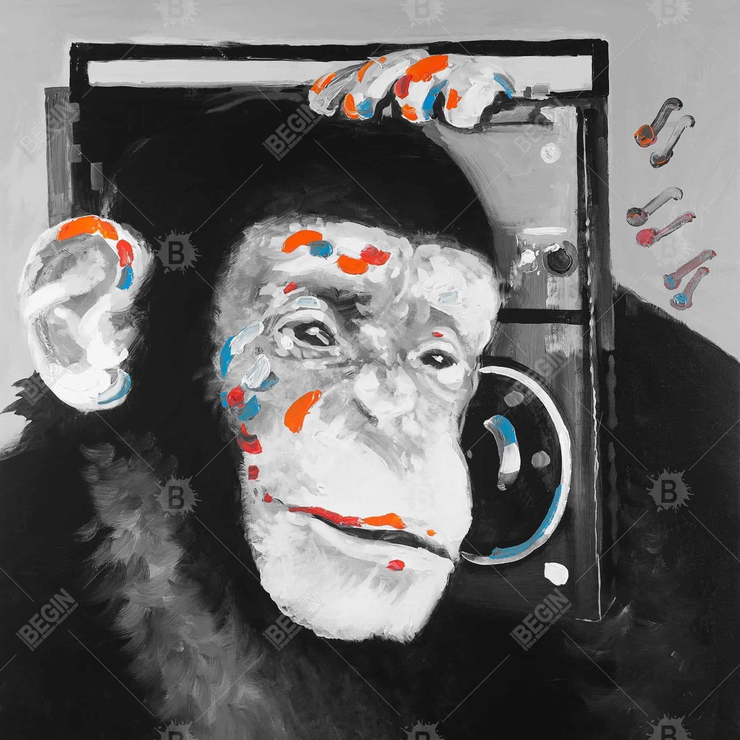 Monkey Listening to Radio Canvas | Gray Frame | Home Decor