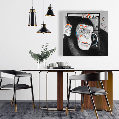 Gray Bedroom Canvas | Monkey Listening to Radio Decor Art