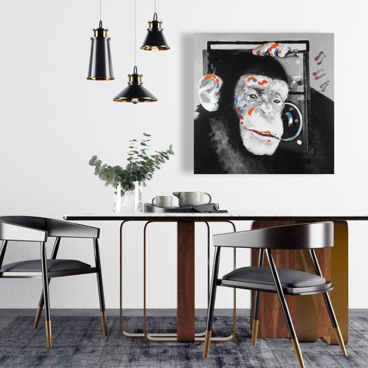 Gray Bedroom Canvas | Monkey Listening to Radio Decor Art